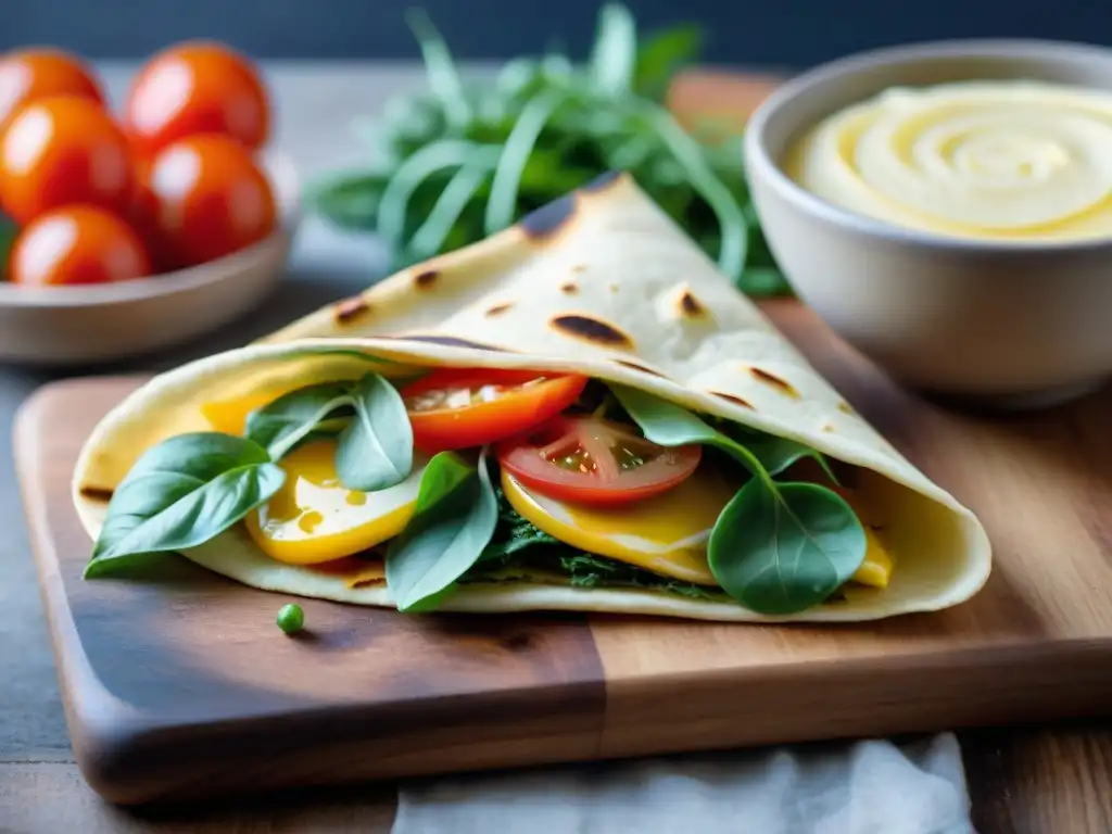 Diferencias entre piadina y crescentina: Detalle de dos tradicionales flatbreads italianos en mesa rústica, con texturas y rellenos contrastantes