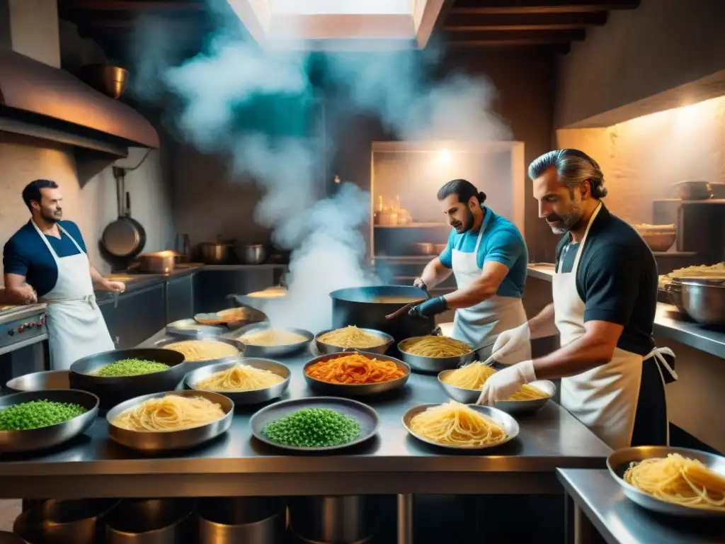 Un director de cine dirige una escena en una bulliciosa cocina italiana para una película, con actores preparando una festín de forma apasionada