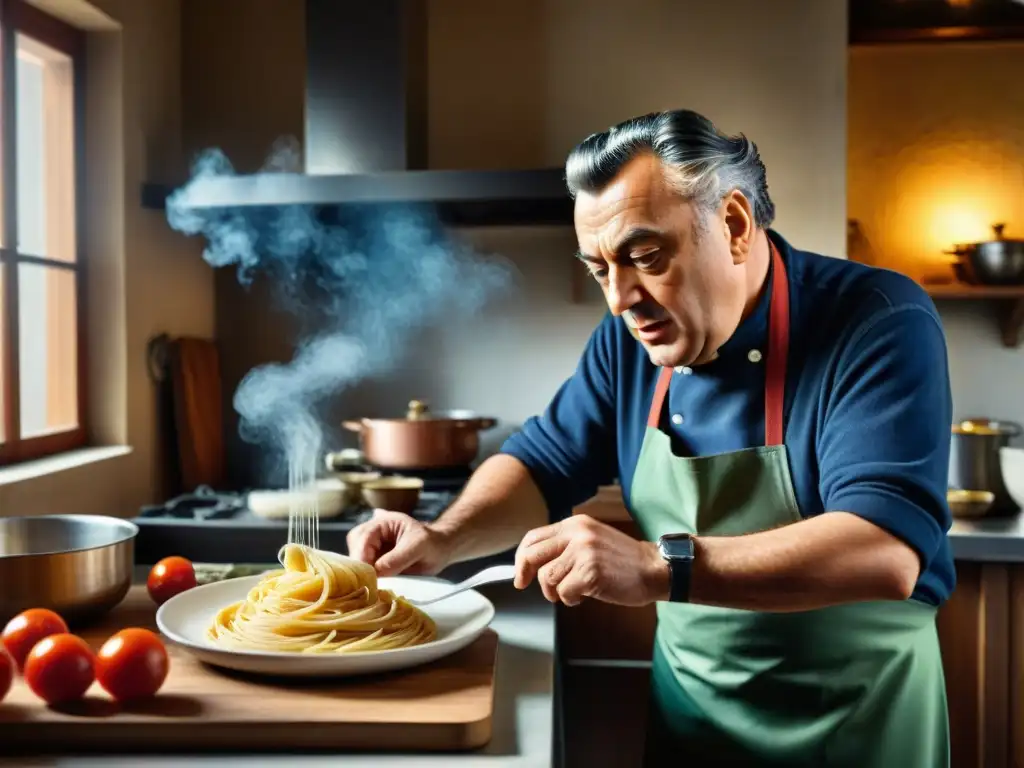 El célebre director de cine italiano Federico Fellini preparando pasta casera con pasión en una cocina rústica