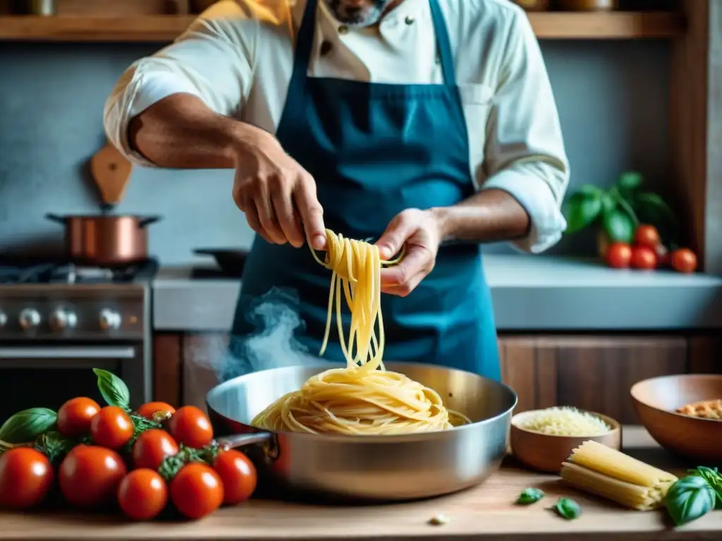 Un director italiano preparando un plato de pasta casera en una cocina rústica con ingredientes frescos