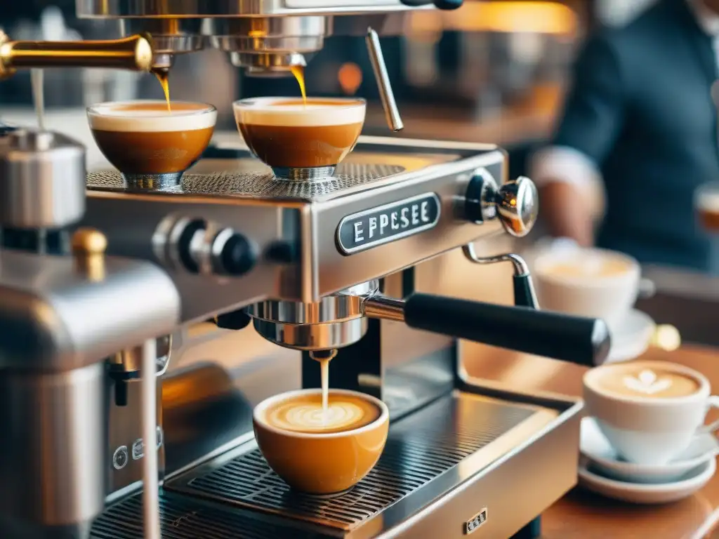 Diseño máquinas espresso evolución: Detalle vintage de una máquina italiana con rica crema dorada fluyendo en taza, en un animado café italiano