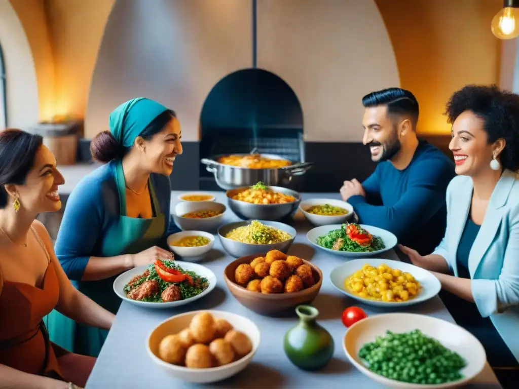 Diversidad y calidez en una mesa comunitaria llena de platos italianos, reflejando proyectos inclusivos