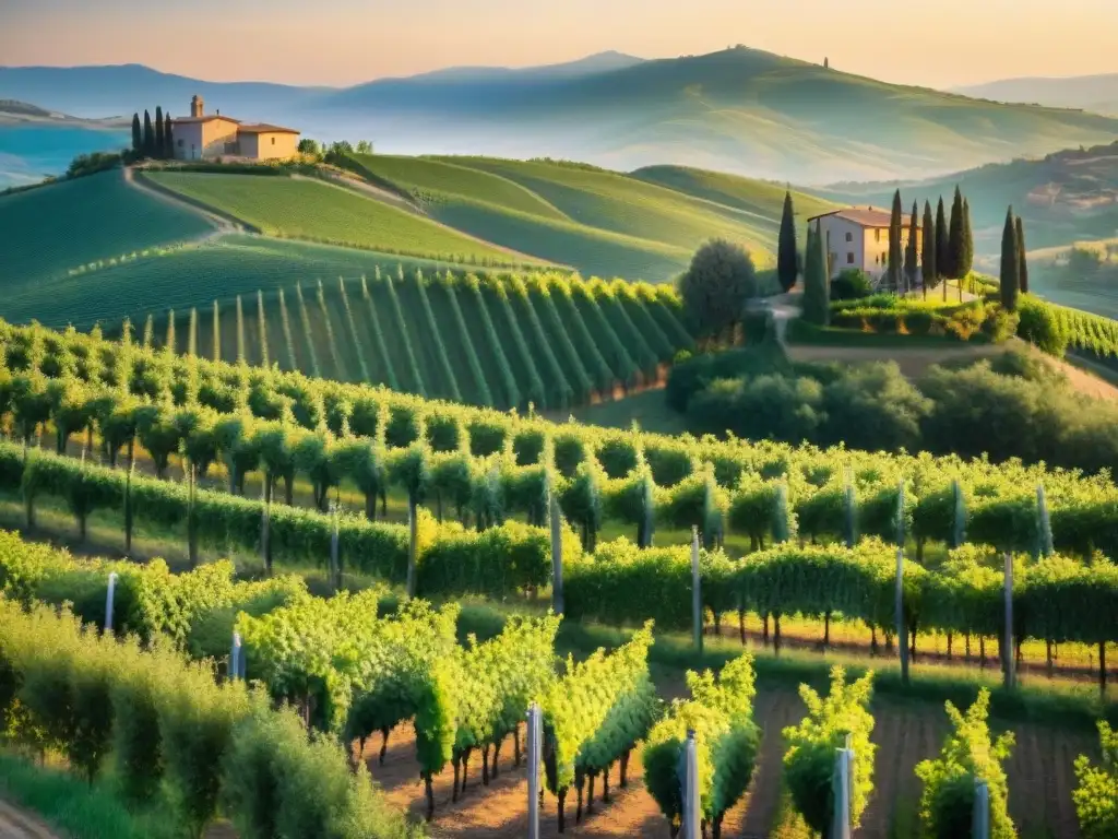 Expansión dorada en viñedo de la Toscana al atardecer, creando escena tranquila y encantadora