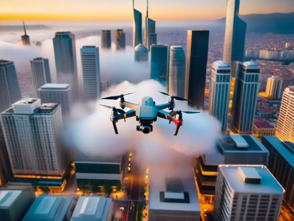 Drones entregando comida italiana entre rascacielos al atardecer en una ciudad futurista