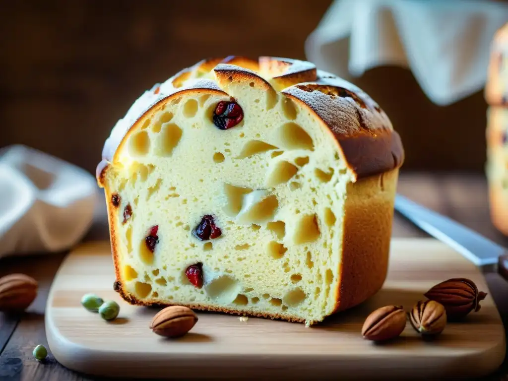 Dulces italianos tradicionales degustación: Detalle de un panettone italiano siendo cortado, con frutas confitadas y nueces en tabla rústica de madera