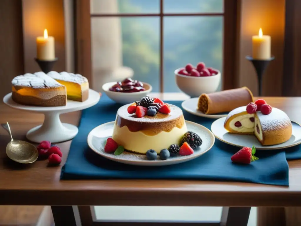 Degustación de dulces italianos tradicionales en mesa rústica con elegante presentación y bayas frescas, iluminados por luz natural cálida