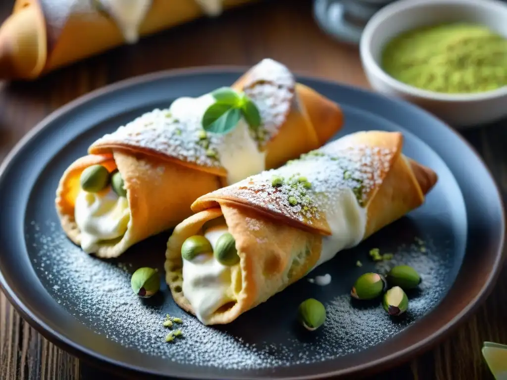 Dulces italianos tradicionales degustación: Cannoli Siciliani con ricotta, pistachos y azúcar en mesa de madera rústica