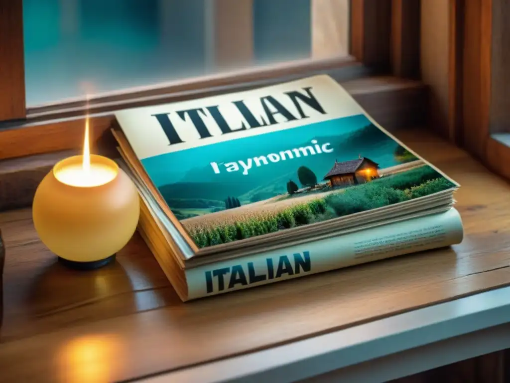 Colección de ediciones raras revistas gastronómicas italianas en mesa de madera rústica, iluminadas por luz natural cálida