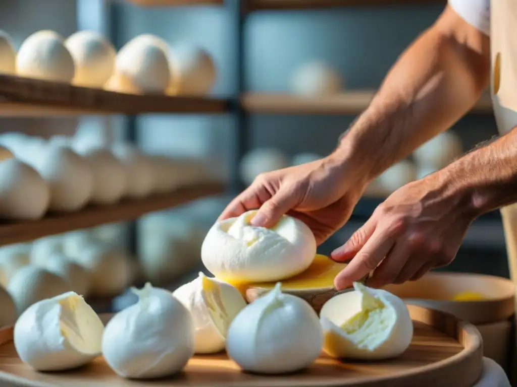 Elaboración artesanal de burrata en fábrica italiana con luz natural cálida y cremosa textura, ideal para 'burrata en comida rápida'