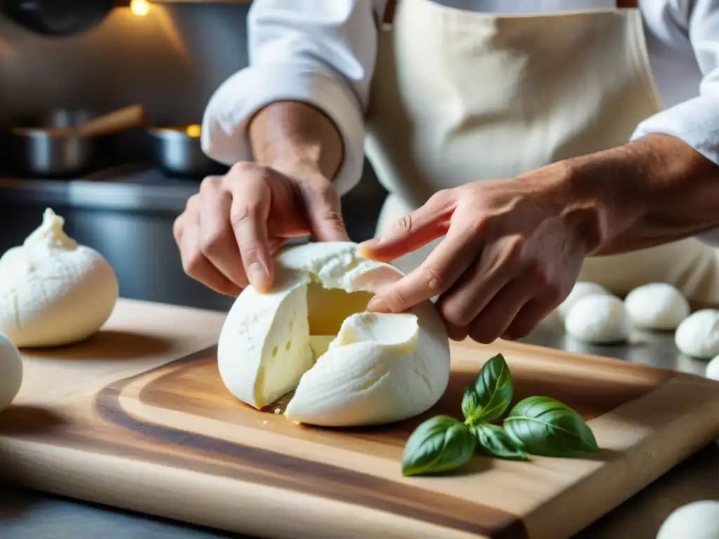 Elaboración artesanal de burrata italiana en cocina rústica