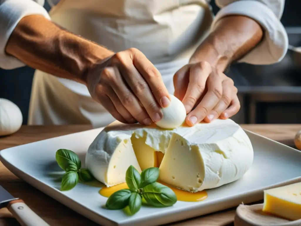 Elaboración artesanal de burrata italiana con receta auténtica, mostrando tradición y destreza en la campiña italiana