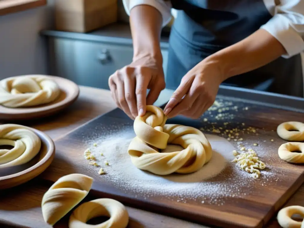 Elaboración artesanal de Taralli crujientes italianos en cocina rústica