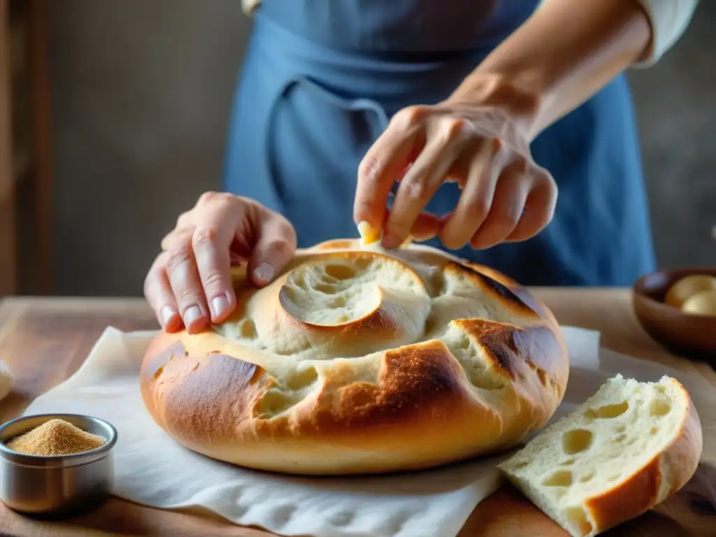 Elaboración artesanal de focaccia integral sin gluten: manos de panadero amasan la masa con cuidado en encimera de madera rústica