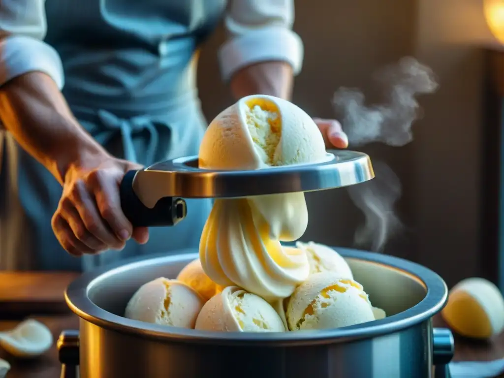 Elaboración artesanal de gelato casero, mostrando la textura cremosa y suavidad del postre helado