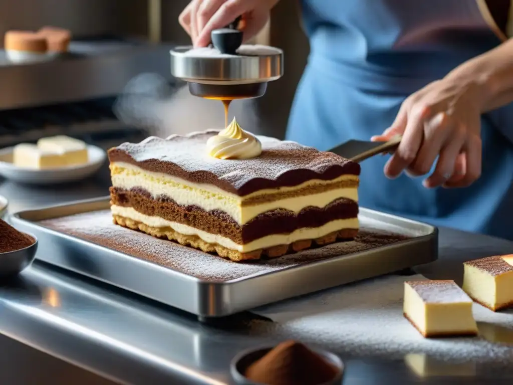 Elaboración artesanal de tiramisú italiano: capas de bizcochos de café y mascarpone, con ambiente nostálgico