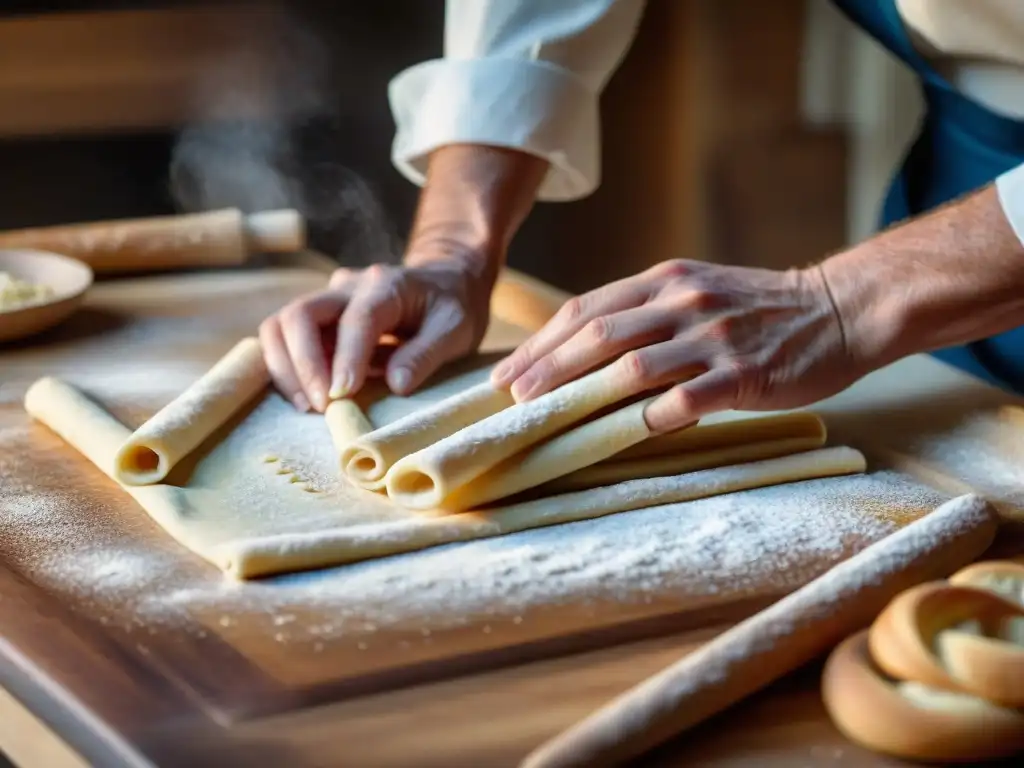 Elaboración artesanal de grissini: manos de panadero moldeando la masa con destreza