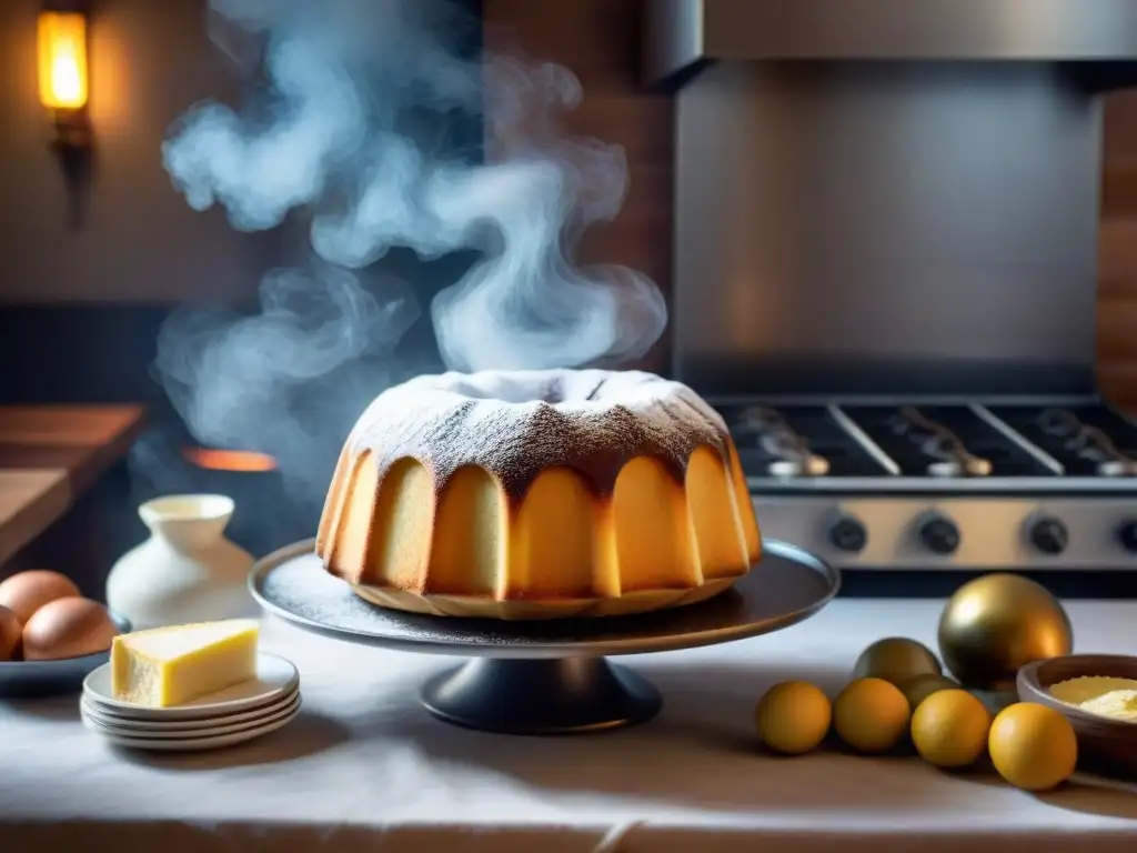 Elaboración artesanal de un Pandoro en cocina italiana: un panadero experto moldea la masa en un molde estrellado bajo la cálida luz del horno