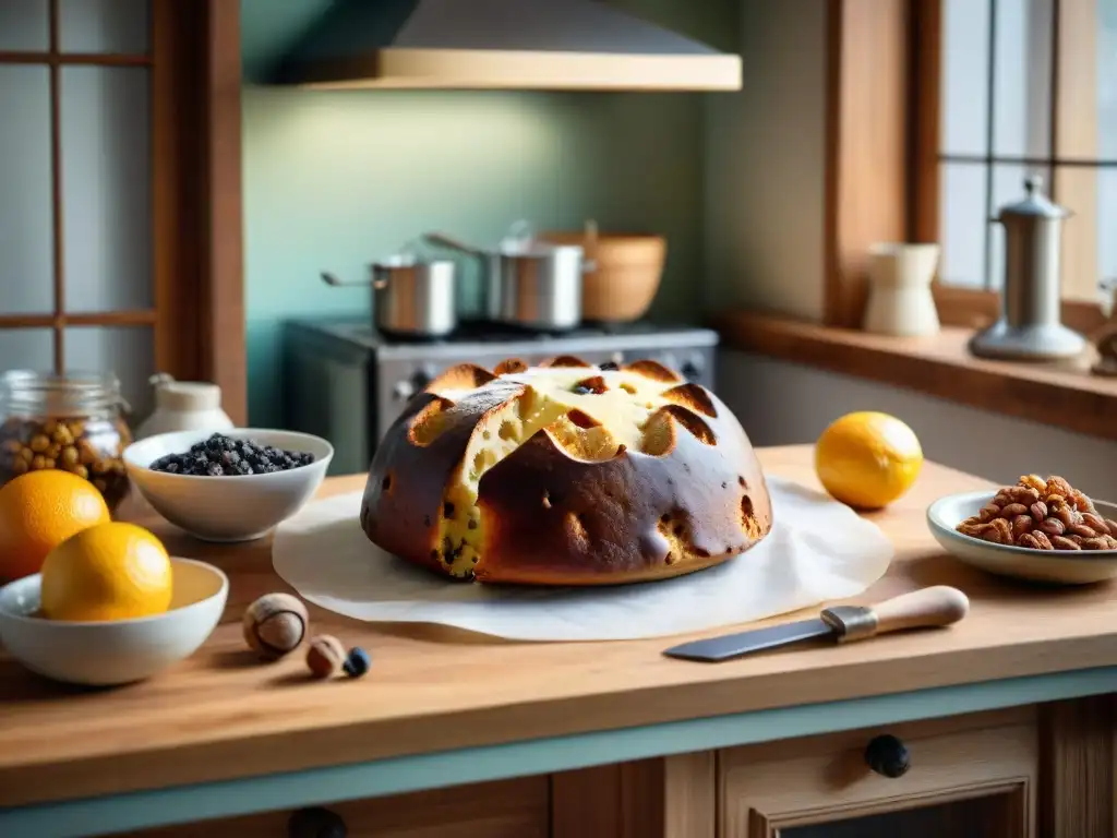 Elaboración artesanal del Panettone en acogedora cocina italiana con ingredientes tradicionales