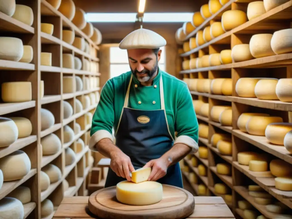 Elaboración artesanal de queso Parmigiano Reggiano en Italia, resaltando el proceso detallado y la dedicación