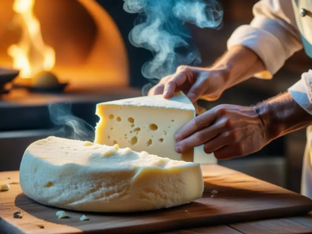 Elaboración artesanal de queso Pecorino Romano en cocina romana, manos expertas amasan curds