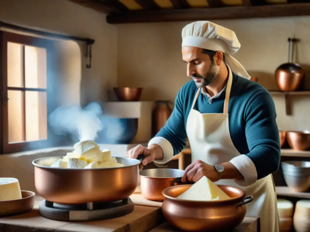 Elaboración artesanal de ricotta en cocina rural italiana