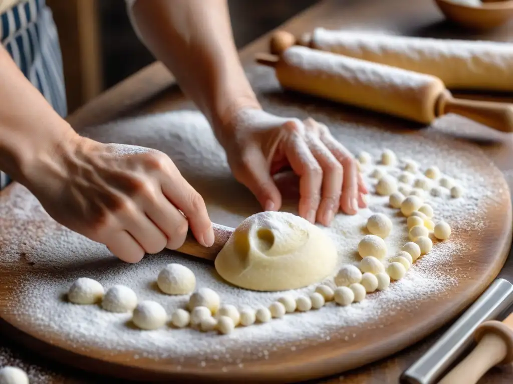 Elaboración artesanal de Struffoli Nápoles con manos expertas y rodillo de madera en mesa enharinada