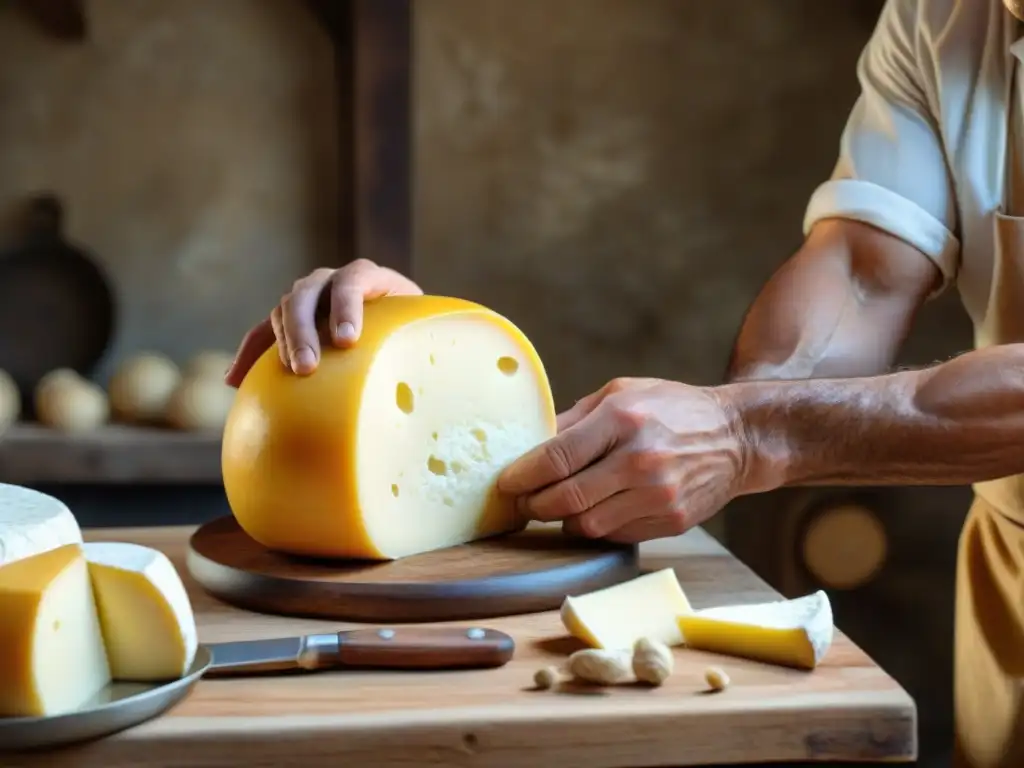 Elaboración artesanal de Caciocavallo del Sur, manos expertas moldeando el queso con autenticidad y tradición