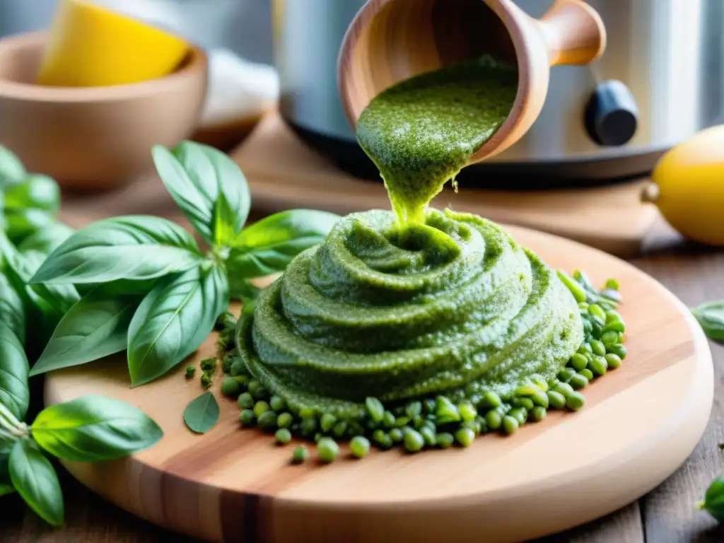 Elaboración detallada de pesto vegano en cocina soleada: albahaca fresca, ajo picado, piñones tostados y aceite de oliva