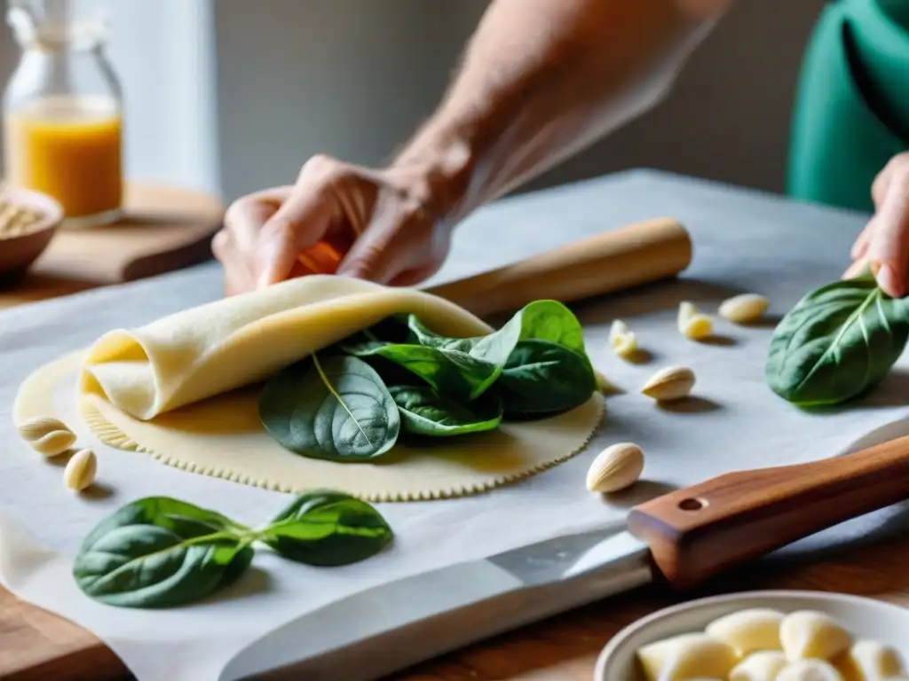 Elaboración detallada de Sorrentinos sin lácteos: manos expertas preparan la masa con relleno de espinaca y nueces de cajú, ricotta vegana