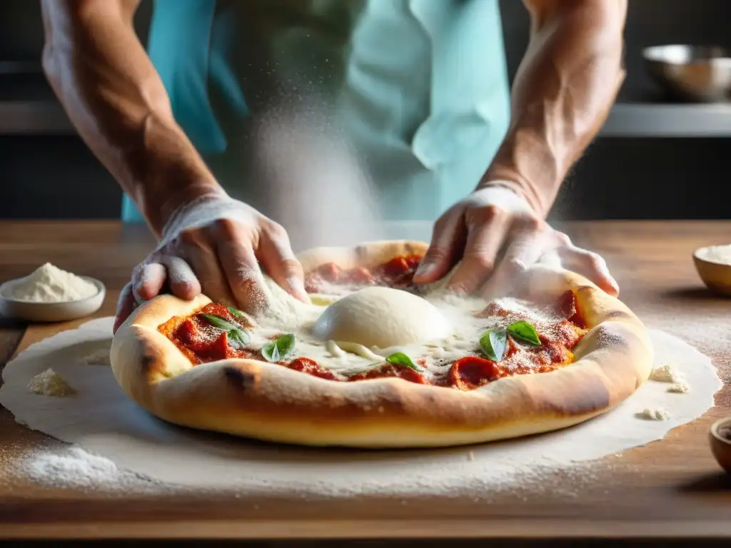 Elaboración de receta auténtica pizza napolitana casera: manos expertas estirando la masa con destreza, en un ambiente natural y detallado