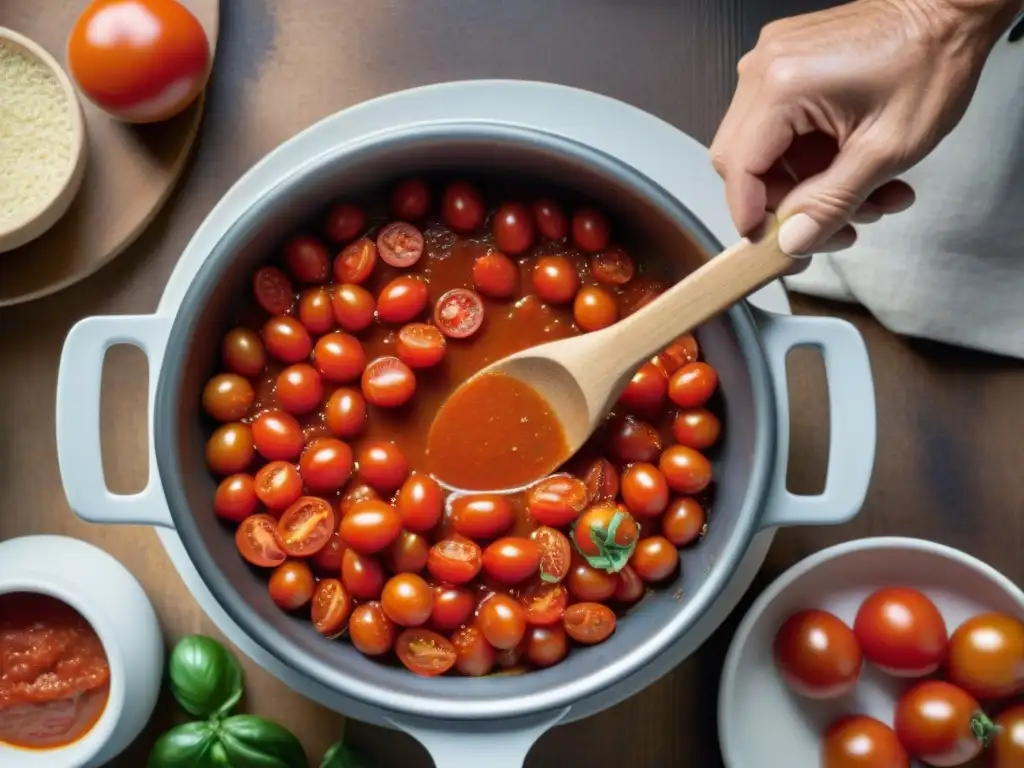 Elaboración de receta auténtica salsa de tomate italiano por una nonna con amor