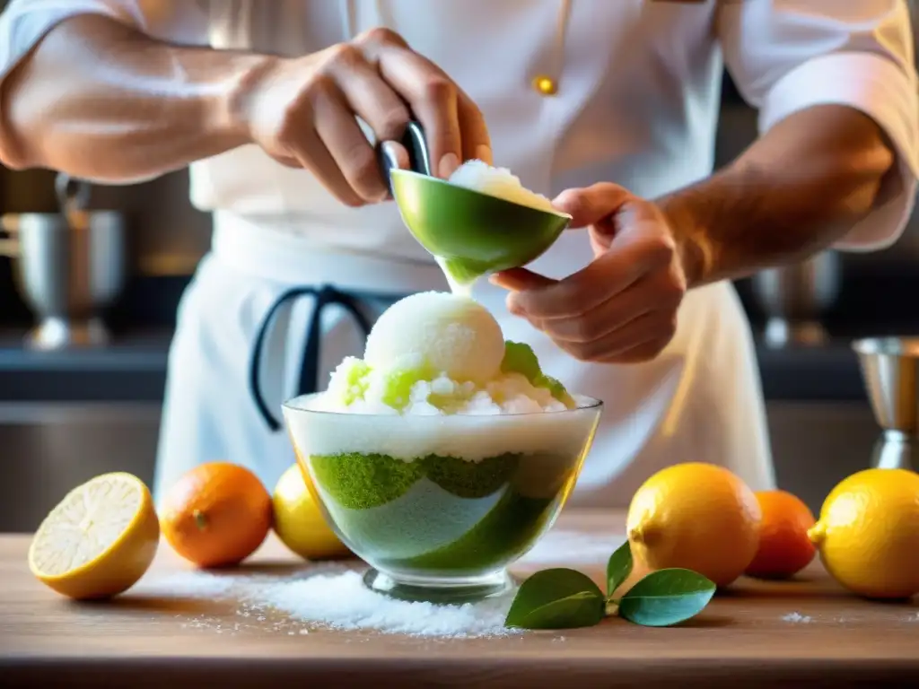 Elaboración de receta tradicional granita siciliana en cocina auténtica, manos hábiles mezclando hielo y cítricos en elegantes vasos