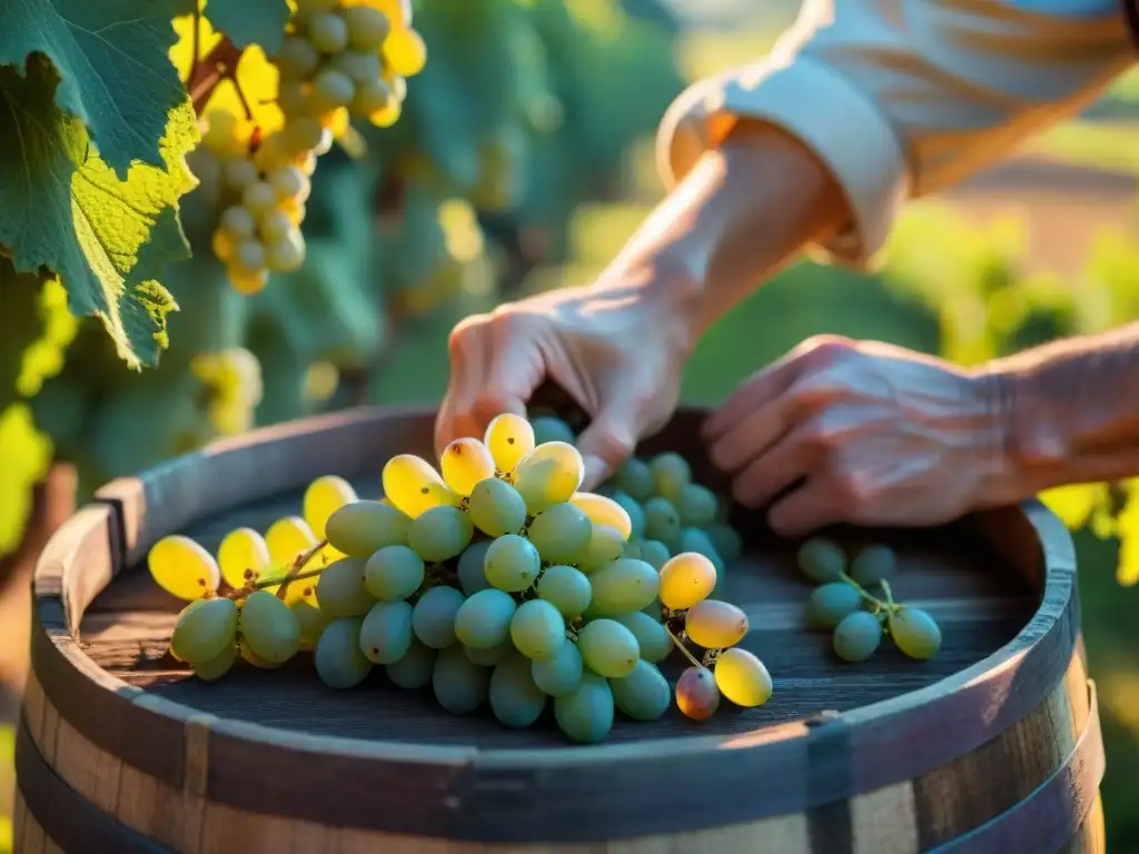 Elaboración tradicional de vinos italianos recomendados: Barril de madera lleno de uvas cosechadas, en viñedo soleado de la Toscana