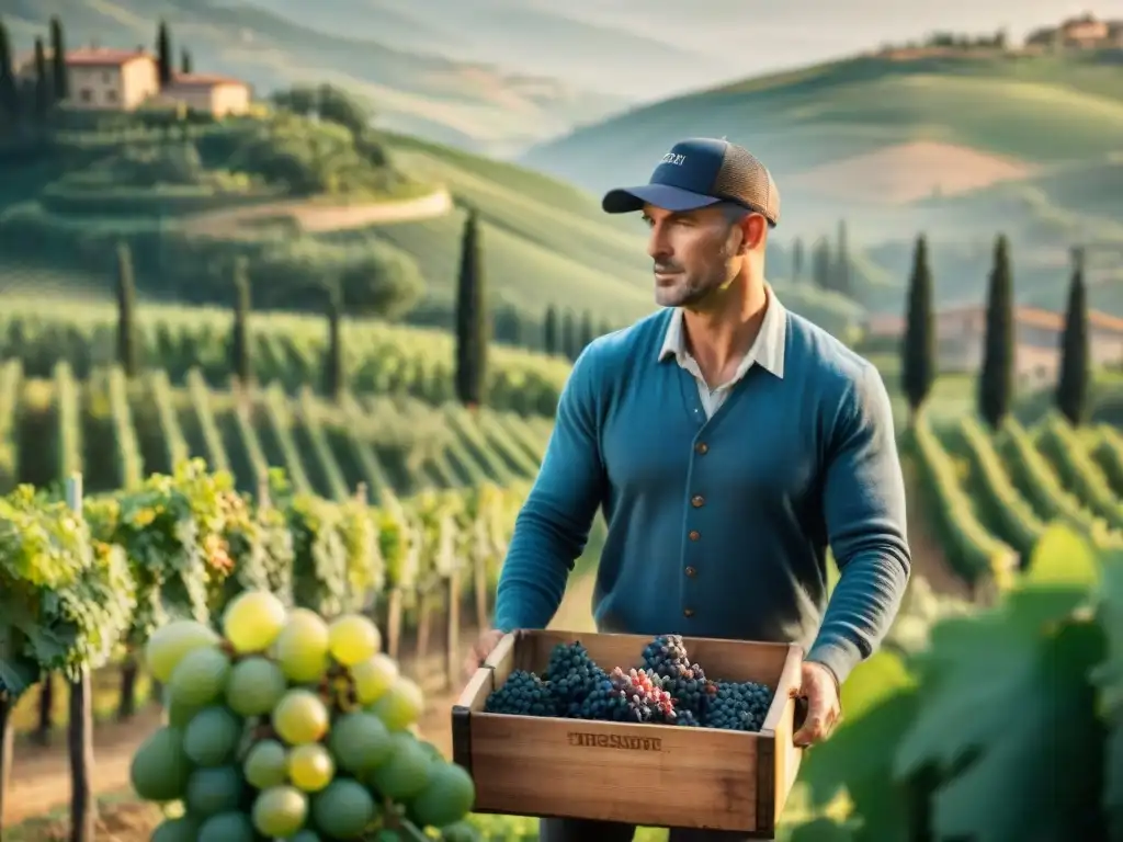 Elaboración de vino italiano certificado: Viticultores apasionados cosechando uvas en viñedos de la Toscana bajo el sol dorado