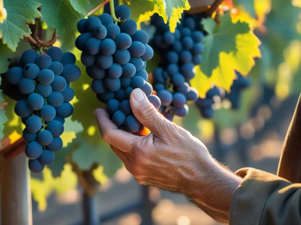 Elaboración de vino italiano certificado: Detalle conmovedor de manos expertas inspeccionando uvas Sangiovese al amanecer