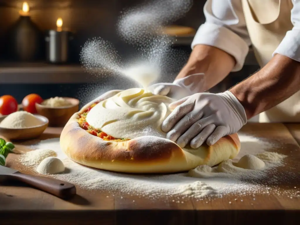 Elaborada fermentación en la cocina italiana: chef experto estira masa de pizza con burbujas de aire