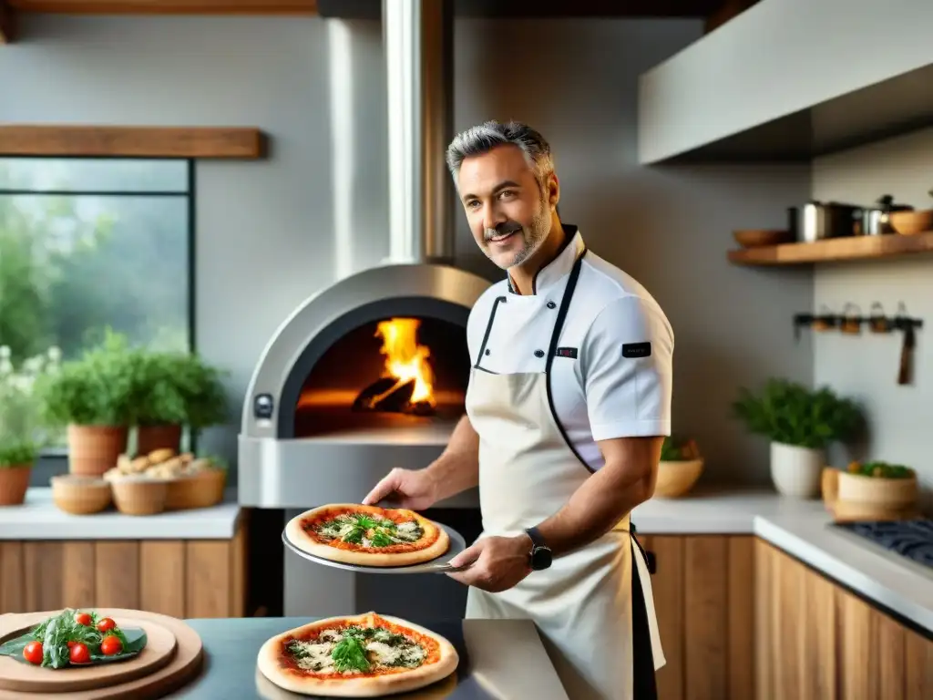 Electrodomésticos para amantes pizza: Horno moderno de acero inoxidable, pantalla digital y opción de leña en cocina italiana acogedora