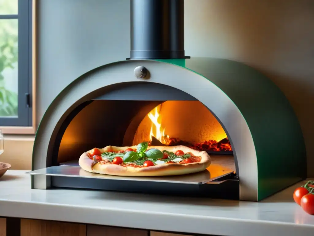 Electrodomésticos para amantes pizza: horno moderno con pizza dorada y ambiente acogedor italiano