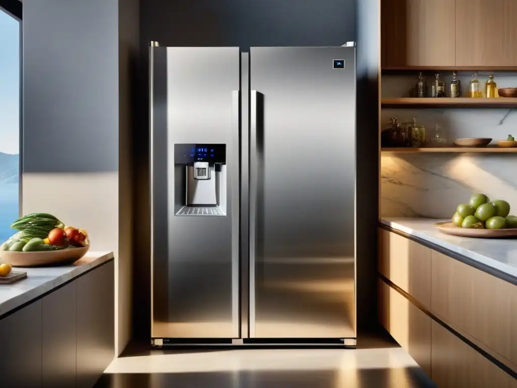Electrodomésticos revolucionando cocina italiana: Imagen de refrigerador italiano moderno en cocina elegante con alimentos organizados