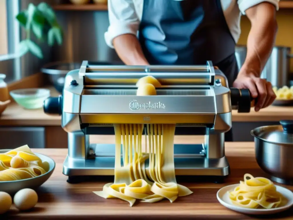 Electrodomésticos revolucionando cocina italiana: Máquina de pasta moderna extruyendo pasta fresca en cocina activa