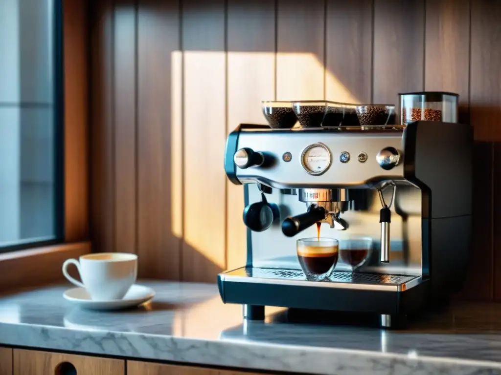 Electrodomésticos para potenciar cocina italiana: Detalle de una moderna máquina de espresso en una cocina tradicional italiana