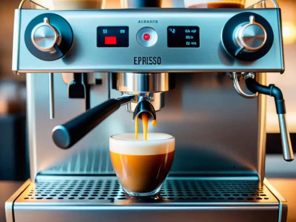 Electrodomésticos para cocinar cocina italiana: Detalle de una moderna cafetera espresso en funcionamiento, con vapor y crema en formación