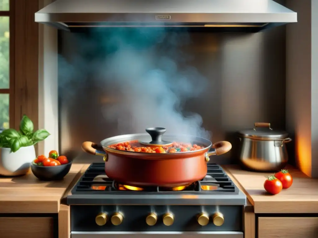 Electrodomésticos para cocinar comida italiana: Cocina tradicional italiana con ollas burbujeantes y utensilios de madera