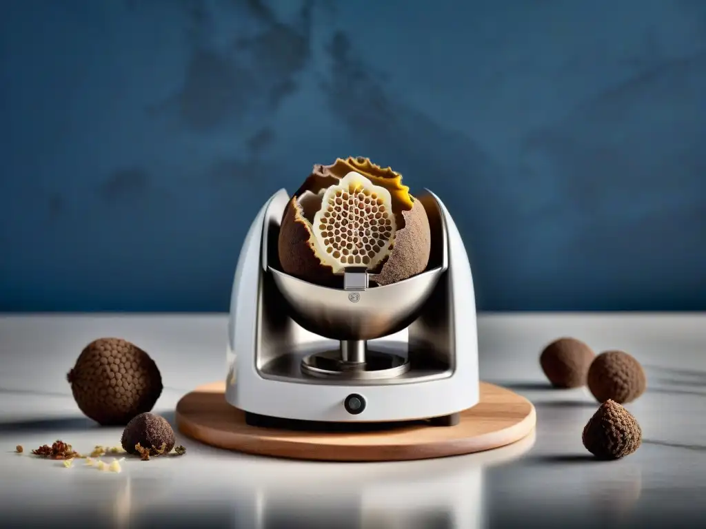 Un elegante cortador de trufas en acción, revelando sus detalles en una cocina sofisticada