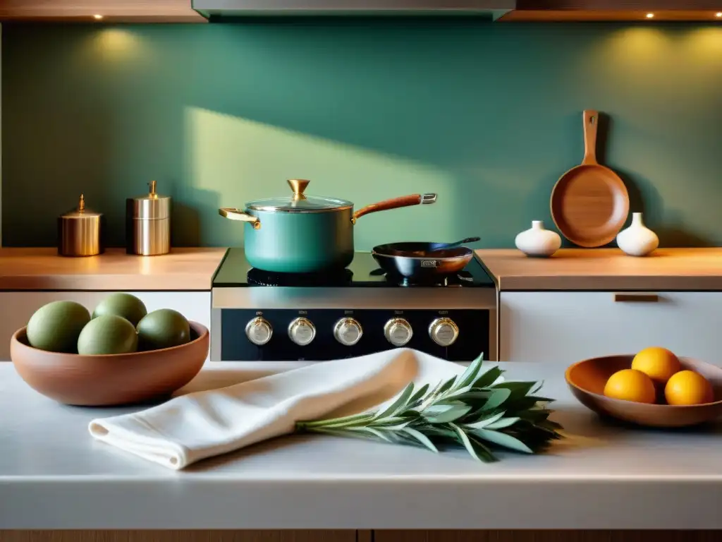 Un elegante escenario de cocina italiana con textiles de cocina italianos de lujo, bañado en luz natural y sofisticación