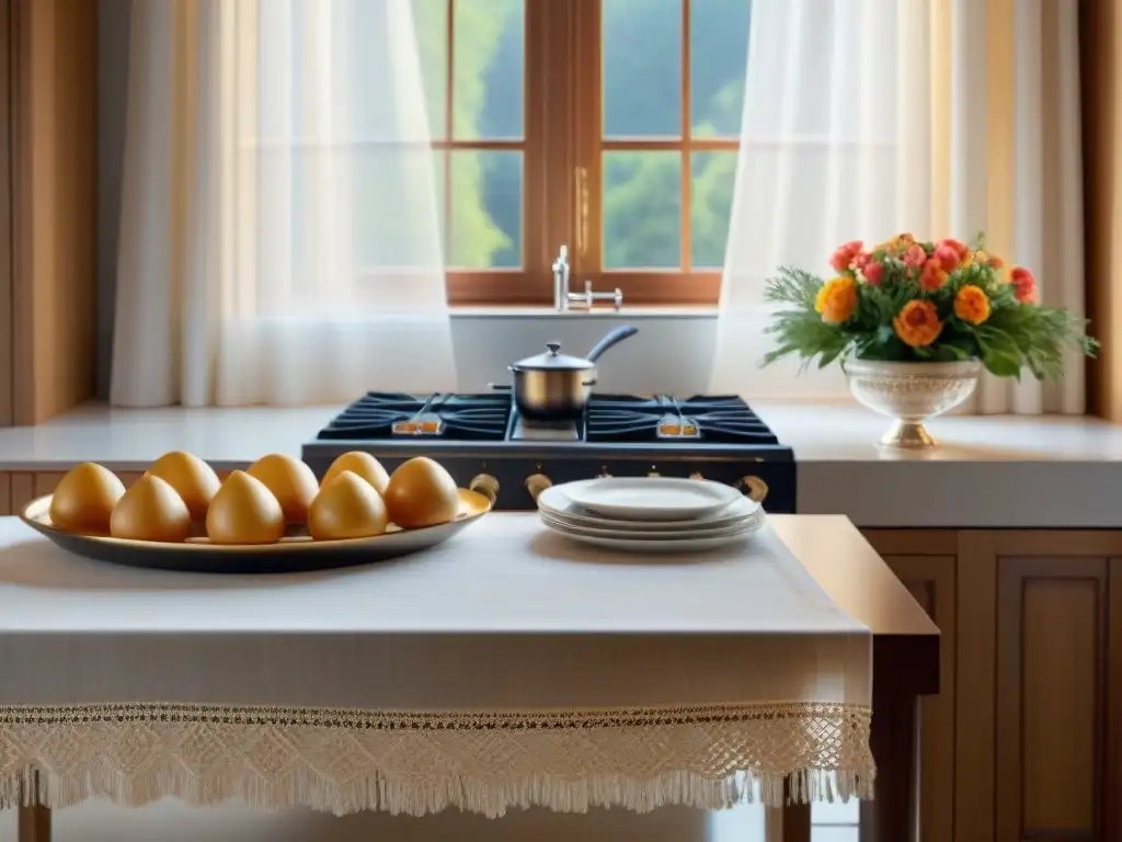 Un elegante escenario de cocina italiana de lujo, con textiles italianos exquisitos y detalles sofisticados