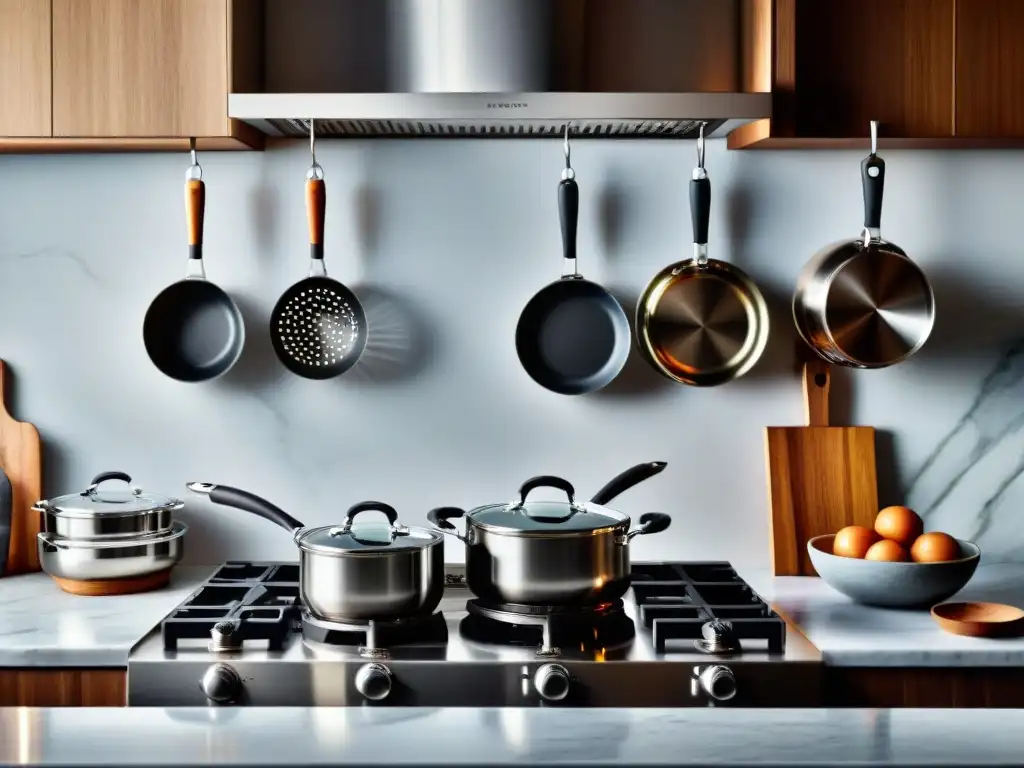 Un elegante espacio de cocina con utensilios de cocina italiana de alta gama organizados meticulosamente, resplandeciendo en la luz ambiental suave