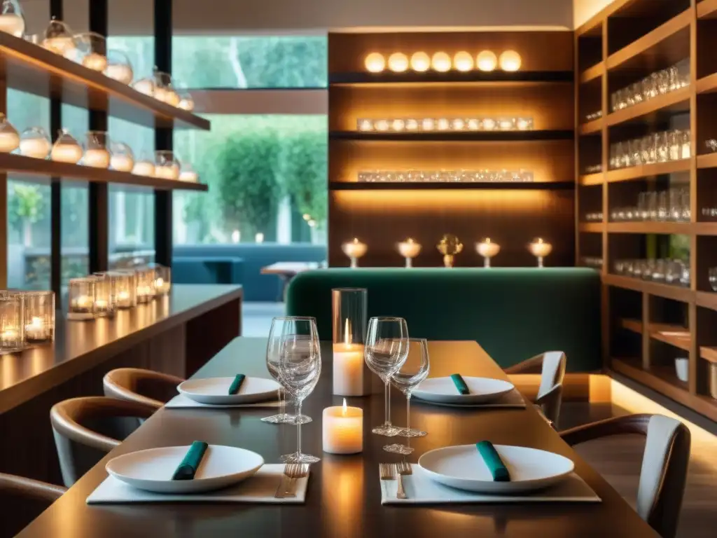 Un elegante interior de restaurante italiano moderno con libros de cocina, en una cálida iluminación ambiental