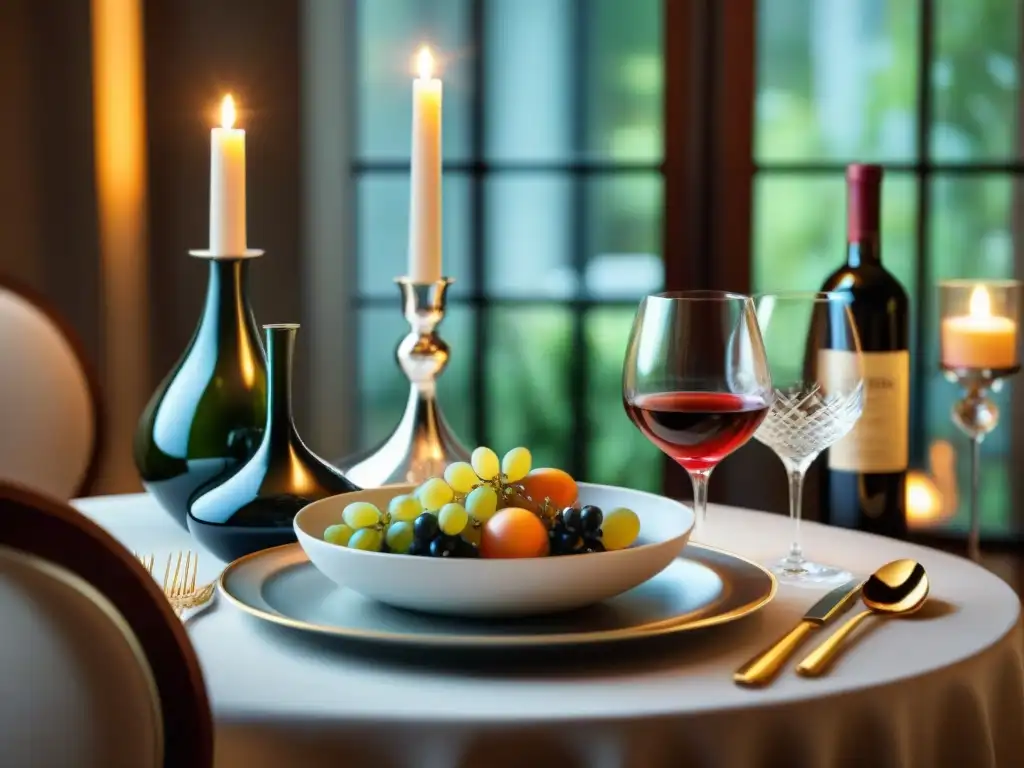 Un elegante juego de copas italianas en una mesa de comedor lujosamente decorada con detalles finos bajo la luz de las velas