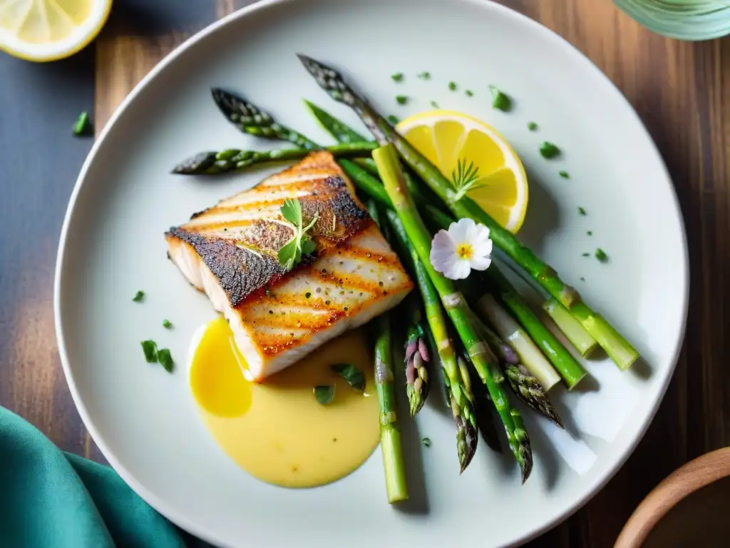 Delicioso filete de pescado blanco con espárragos y salsa de limón Un elegante maridaje para pescados: filete blanco sellado sobre espárragos, bañado en salsa de mantequilla de limón